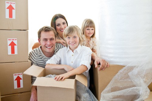 Packed office boxes and furniture ready for a Westminster commercial move